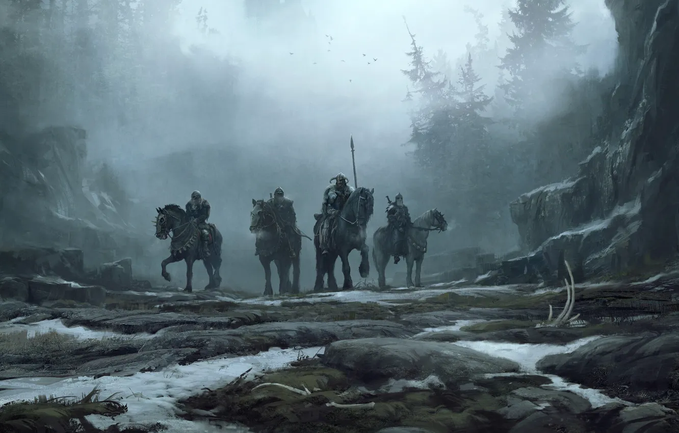 Photo wallpaper Fog, Forest, Horse, Winter, Landscape, Snow, War, Viking