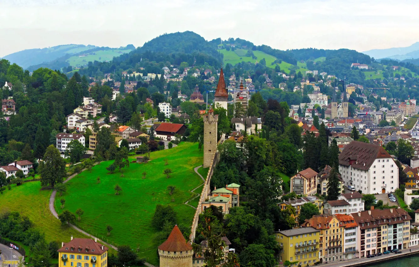 Photo wallpaper field, forest, landscape, mountains, home, Switzerland, panorama, Luzern