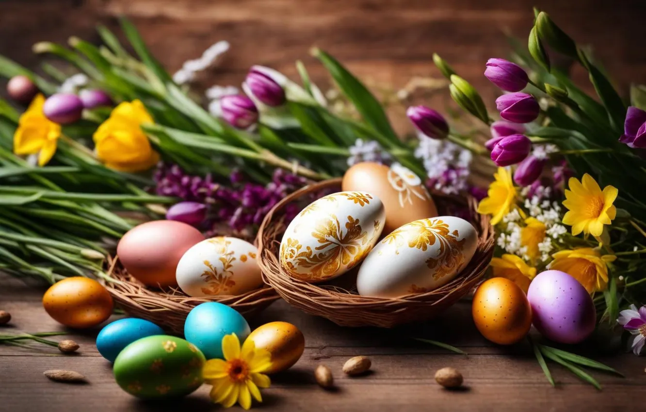 Photo wallpaper flowers, eggs, spring, colorful, Easter, flowers, spring, Easter