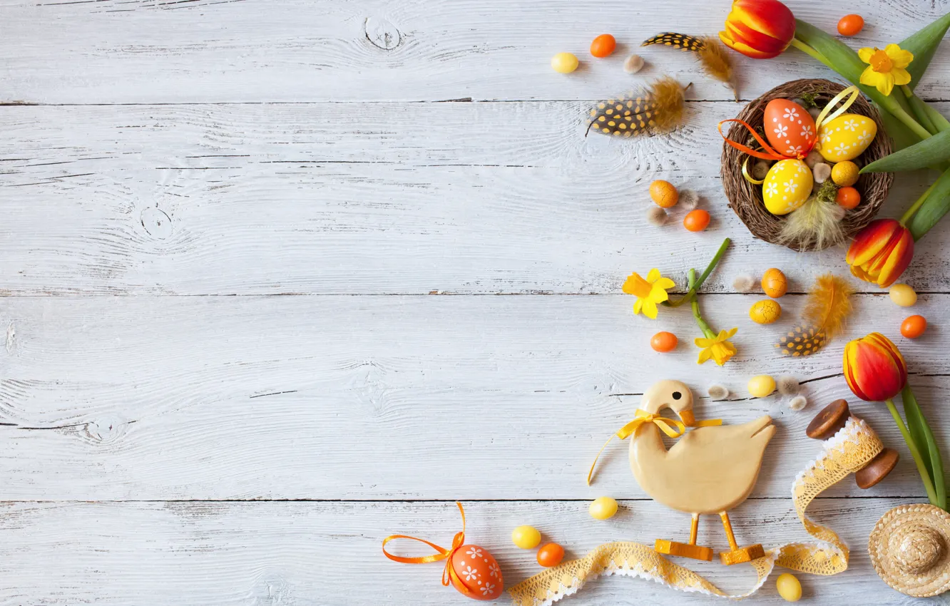 Photo wallpaper flowers, spring, colorful, Easter, tulips, wood, flowers, tulips