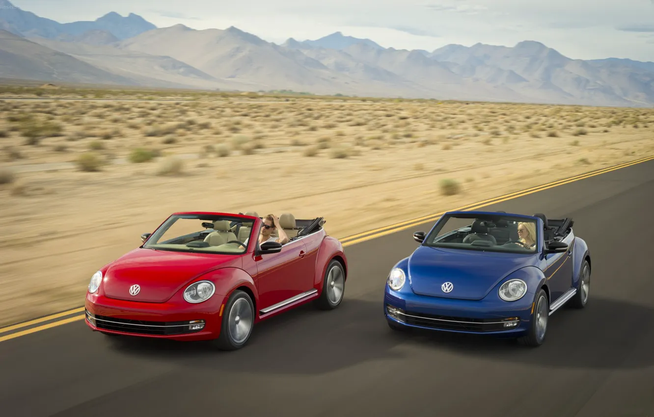Photo wallpaper road, mountains, blue, red, movement, speed, beetle, convertible