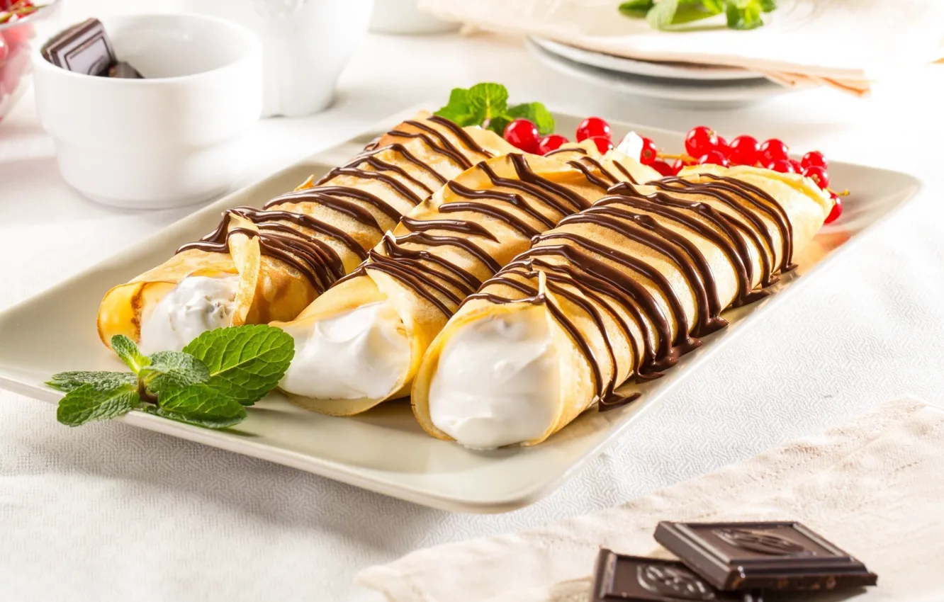 Photo wallpaper berries, chocolate, pancakes, mint, cakes