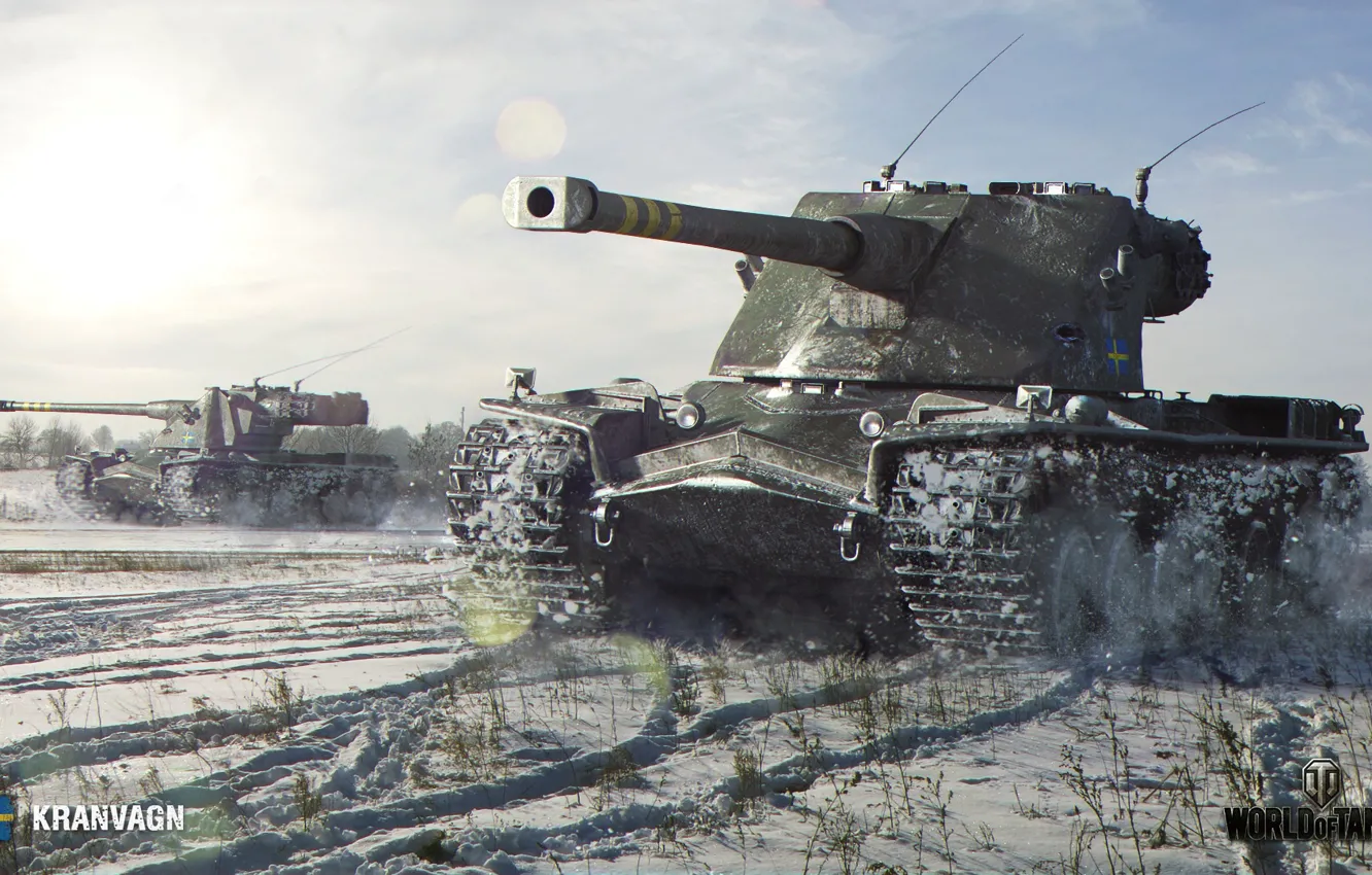 Photo wallpaper winter, field, the sun, snow, tank, offensive, heavy, World of Tanks