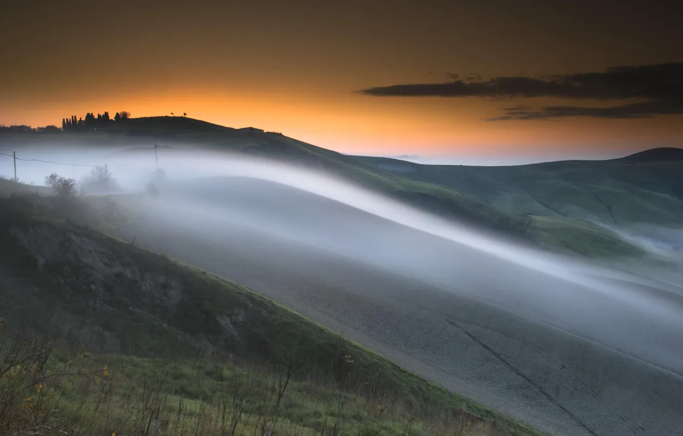 Photo wallpaper landscape, sunset, fog, hill, haze