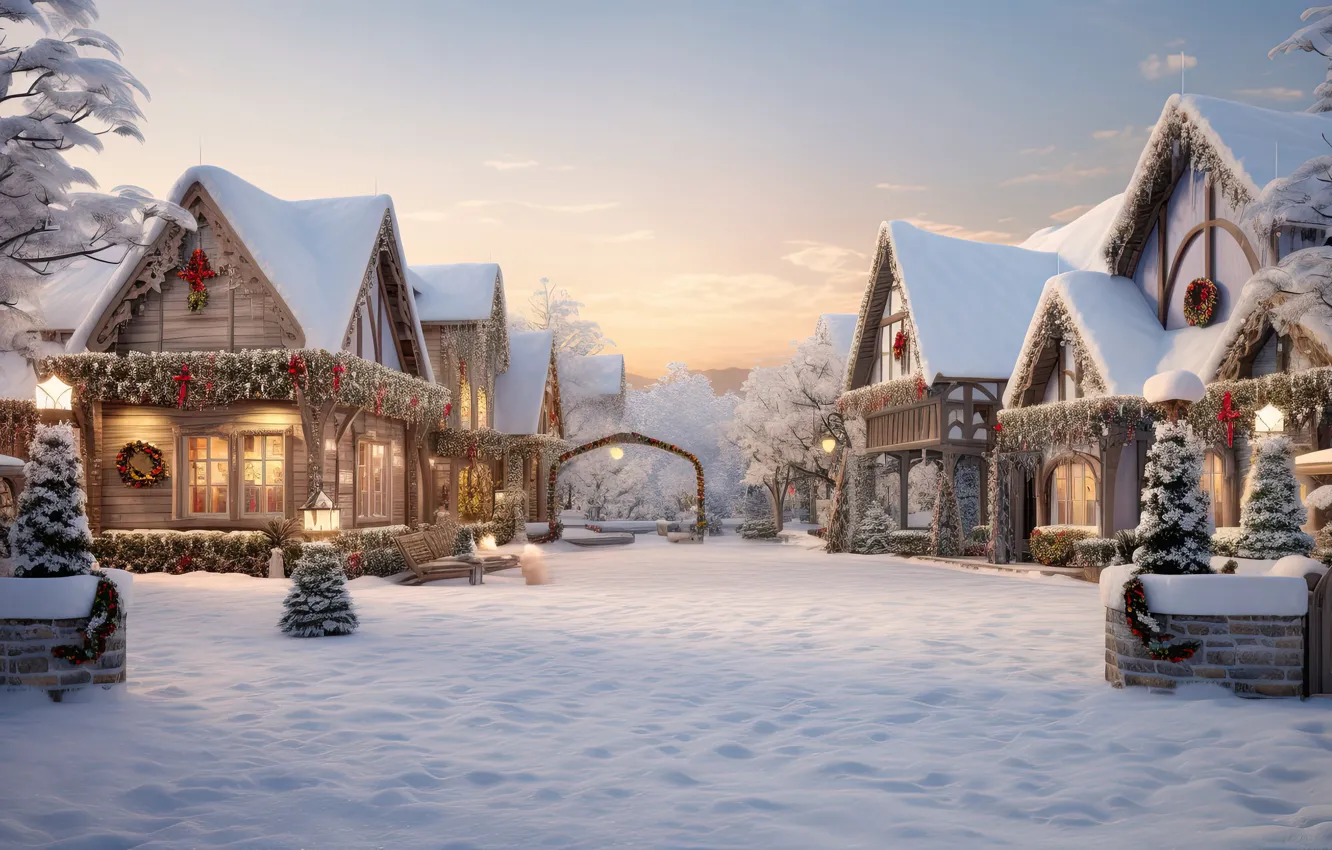 Photo wallpaper winter, snow, decoration, night, the city, lights, street, tree