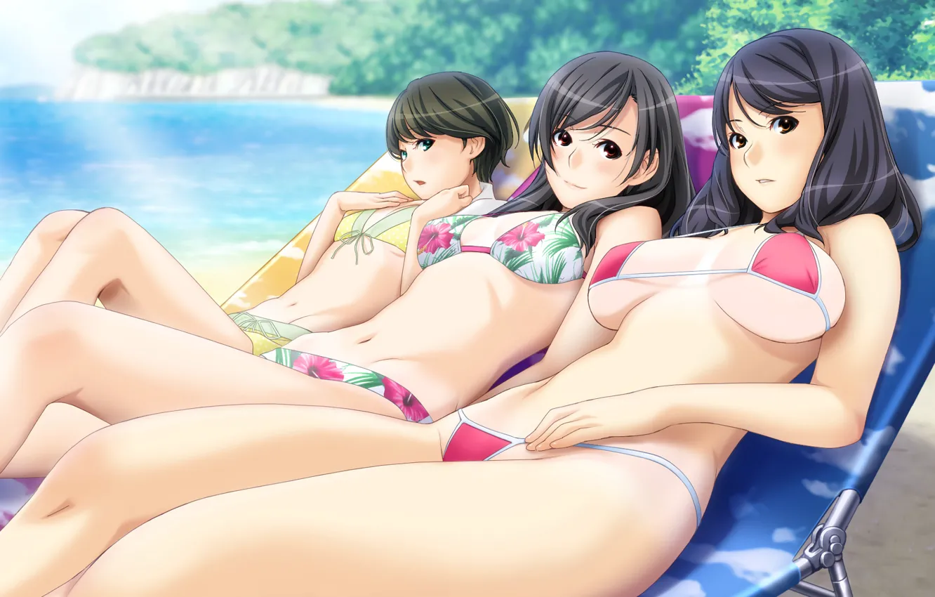 Photo wallpaper girl, sexy, cleavage, beach, long hair, boobs, anime, beautiful