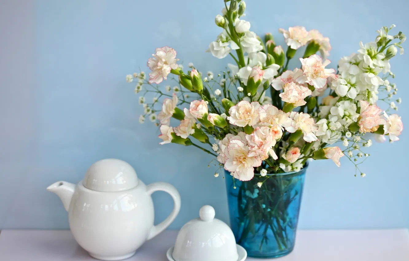 Photo wallpaper white, flowers, blue, kettle, Cup