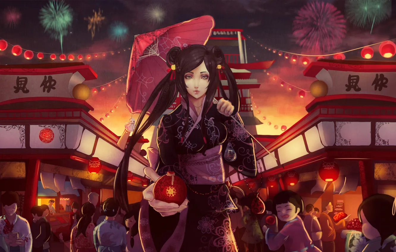 Photo wallpaper girl, children, umbrella, fireworks, kimono