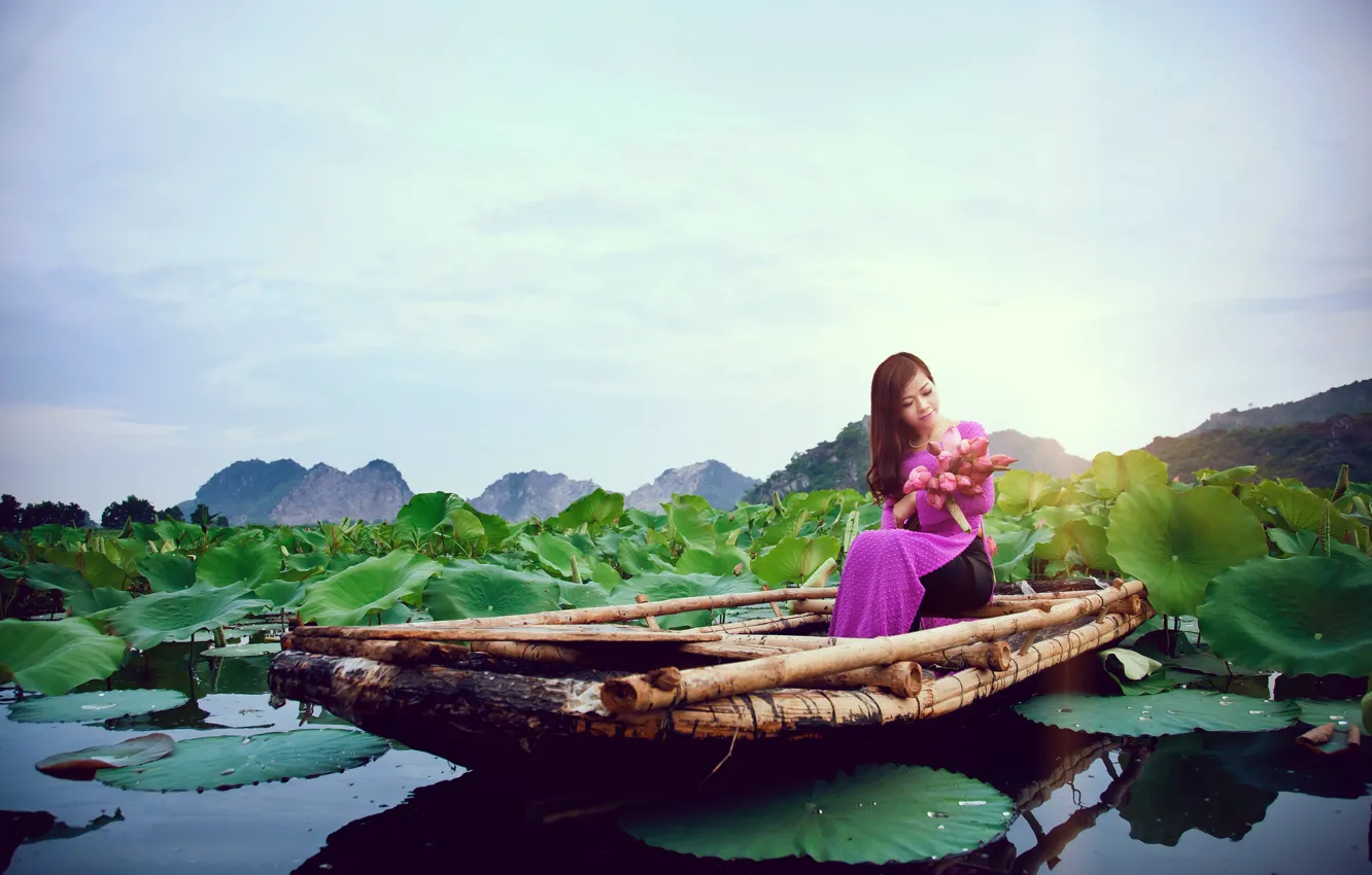 Photo wallpaper summer, girl, lake, boat, Asian