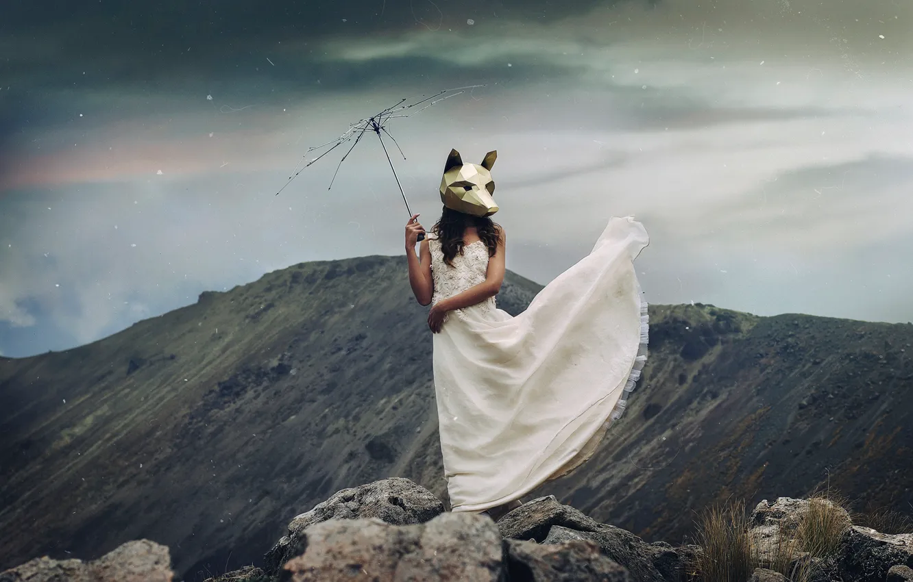 Photo wallpaper girl, mountains, the situation, dress, mask, spokes