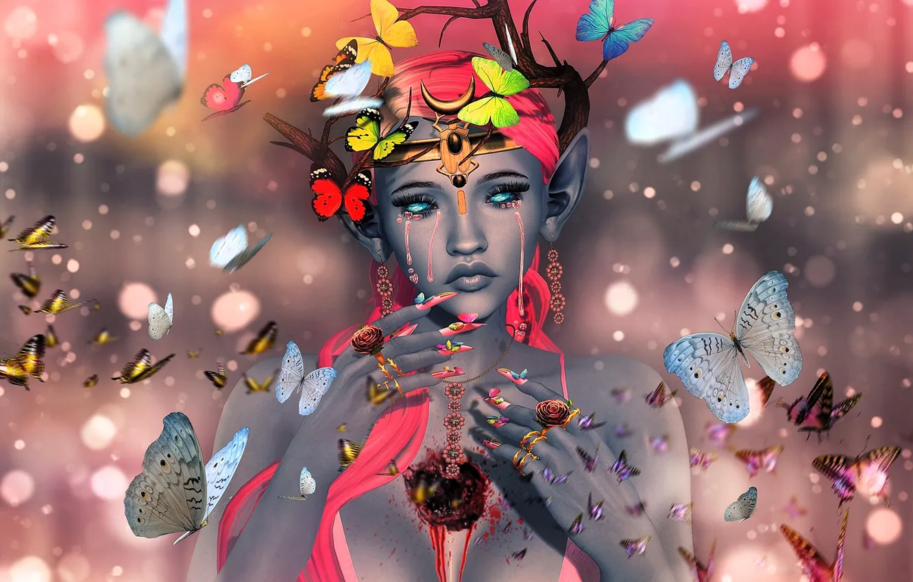 Photo wallpaper girl, decoration, branches, butterfly, hole, tears