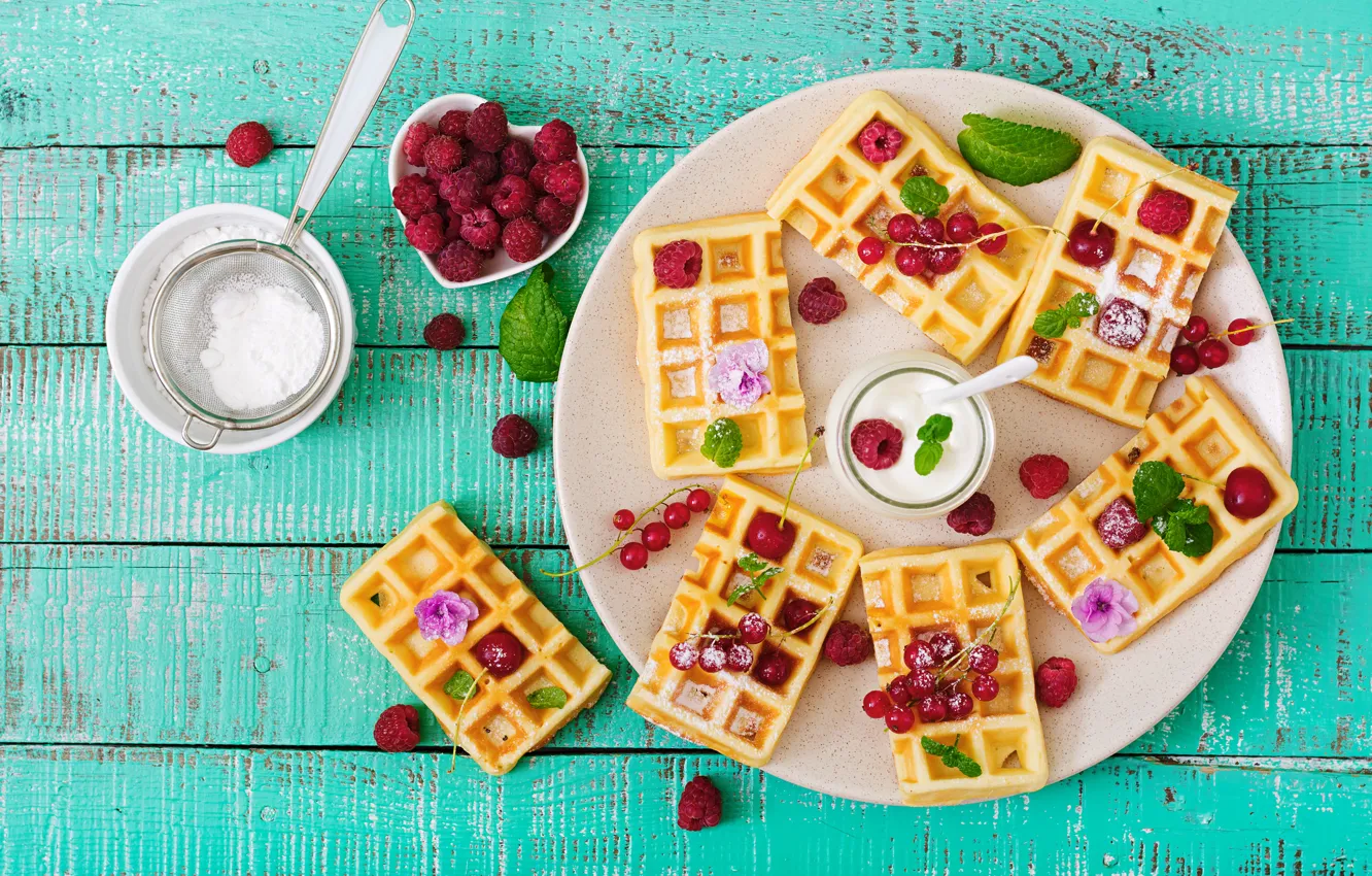 Photo wallpaper berries, raspberry, fresh, wood, waffles, berries, raspberry, wafer