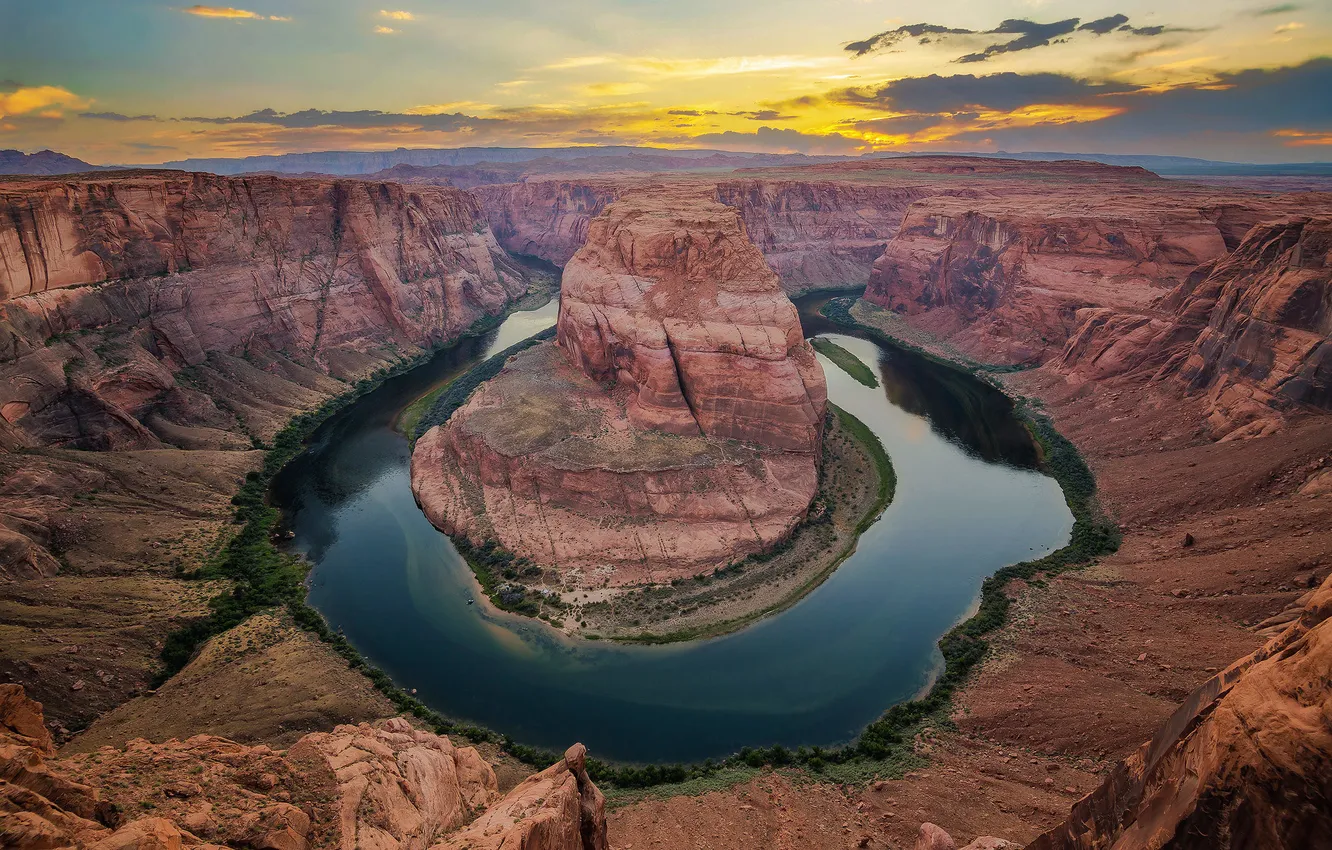 Photo wallpaper clouds, sunset, mountains, river, rocks, shore, canyon, the