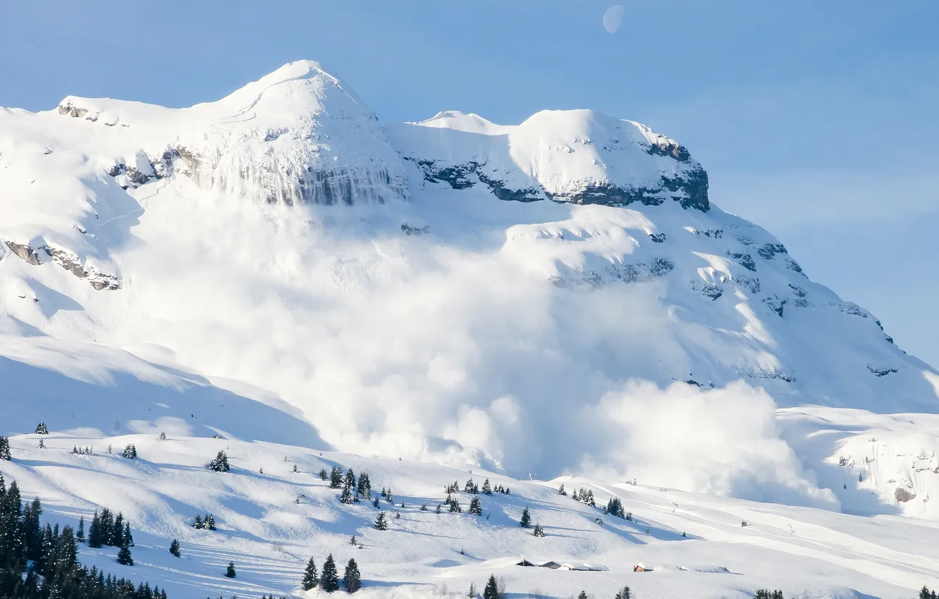 Photo wallpaper forest, the sky, snow, landscape, mountains, nature, danger, the moon
