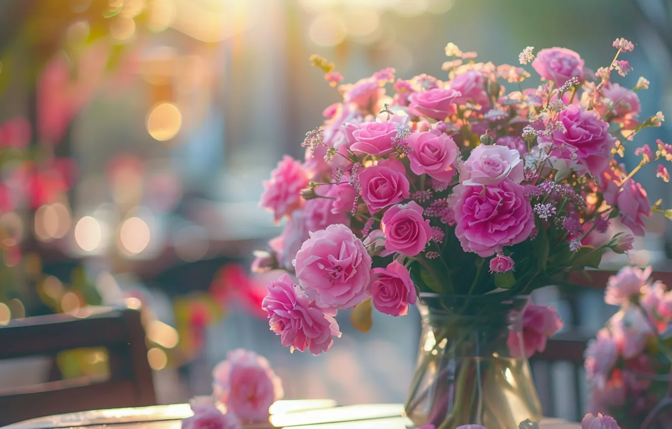 Photo wallpaper flowers, vase, bouquet, AI art, roses, neural network