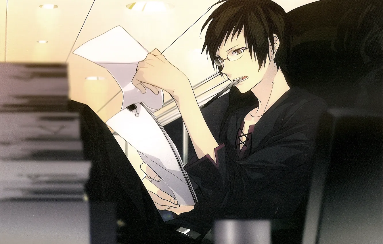 Photo wallpaper look, books, anime, art, glasses, art, Izaya Orihara, Durarara