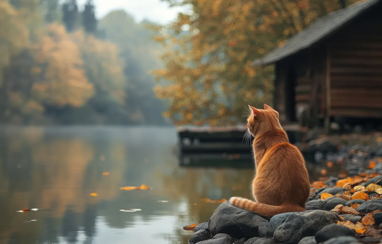 Photo wallpaper autumn, forest, cat, cat, pose, lake, reflection, stones