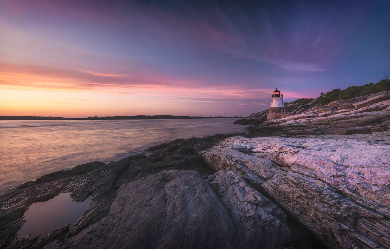 Photo wallpaper the sky, sunset, stones, rocks, shore, lighthouse, the evening, lilac