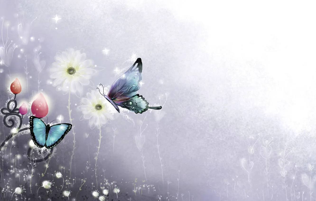 Photo wallpaper Flowers, Color, Minimalism, Butterfly, Background, Blue