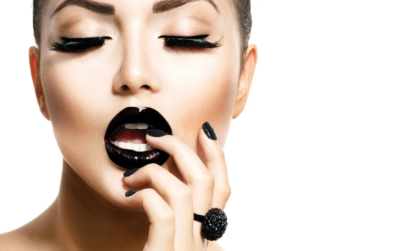 Photo wallpaper close-up, face, eyelashes, black, model, hands, makeup, lipstick