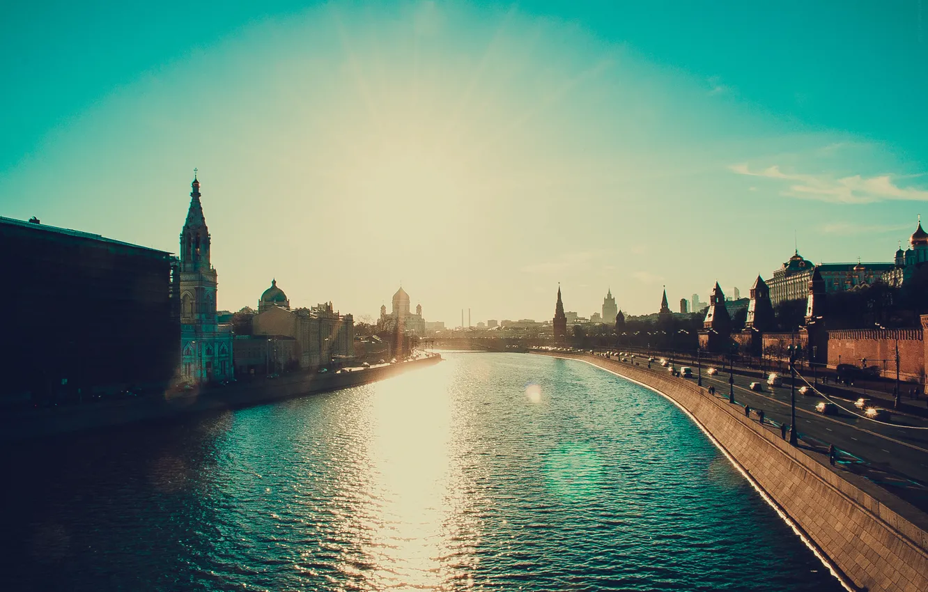 Photo wallpaper water, the sun, landscape, bridge, the city, Moscow, spring