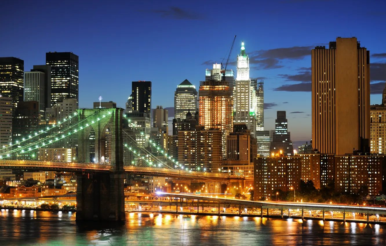 Photo wallpaper night, lights, New York, skyscrapers, USA, Brooklyn bridge, NYC, New York City