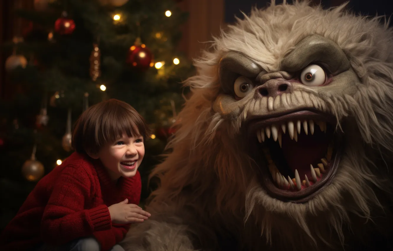 Photo wallpaper joy, lights, smile, new year, monster, boy, Christmas, digital art