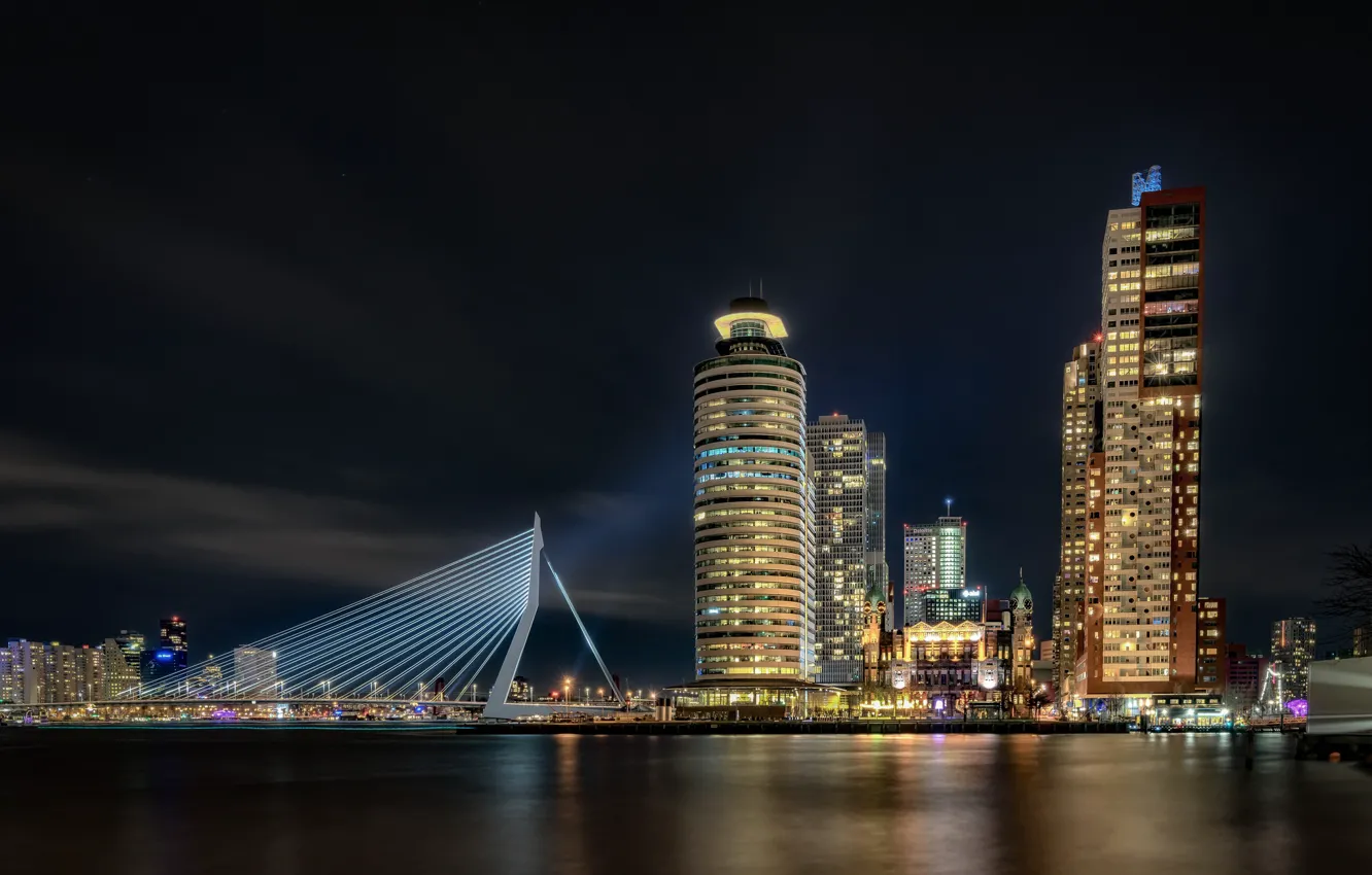 Photo wallpaper night, bridge, lights, home, support, Netherlands, Rotterdam