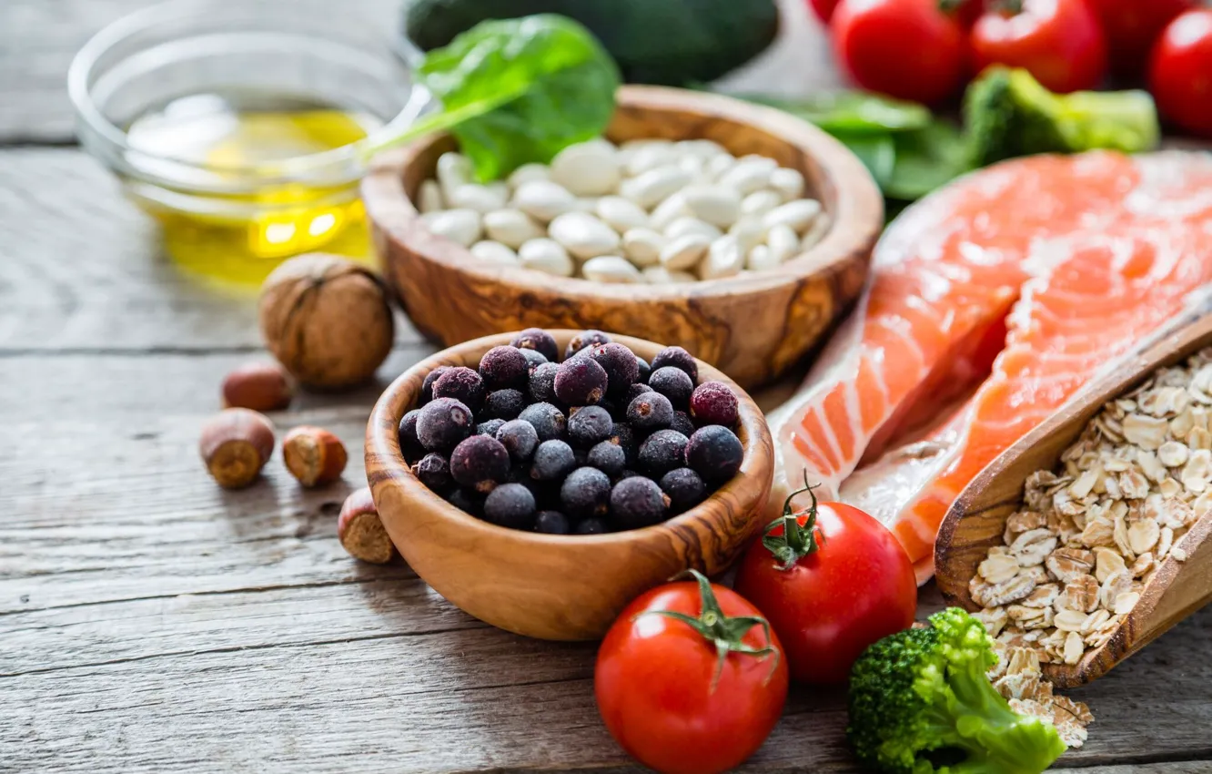 Photo wallpaper greens, berries, fish, nuts, tomatoes, salmon, beans, oatmeal