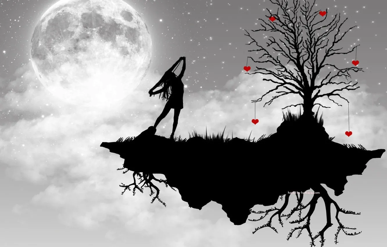 Photo wallpaper girl, trees, the moon, vector