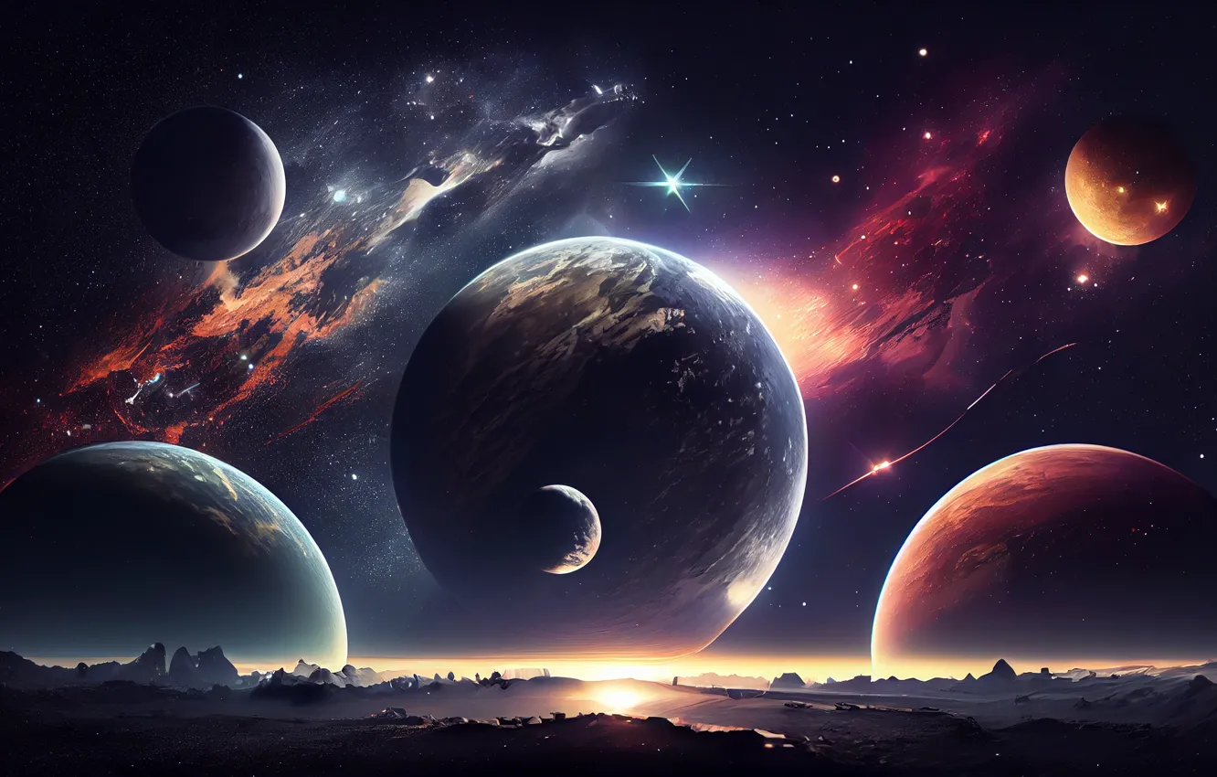 Photo wallpaper space, stars, night, the universe, planet, horizon, galaxy, artificial intelligence