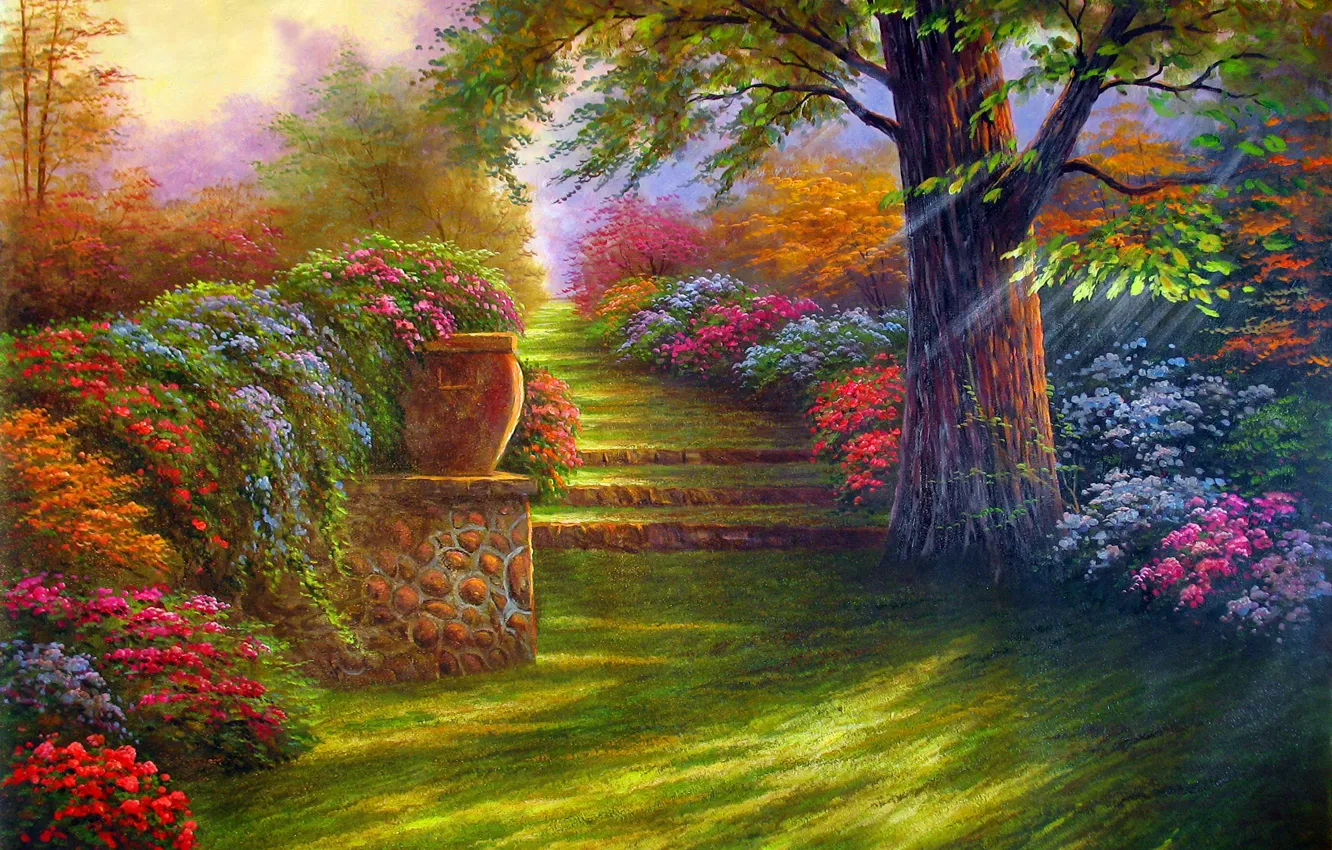 Photo wallpaper road, landscape, flowers, nature, tree, garden, steps, painting