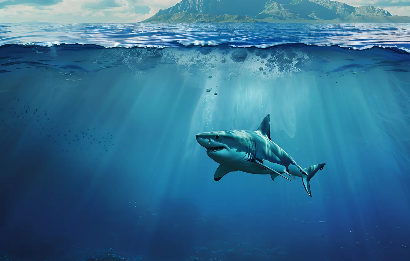 Photo wallpaper water, clouds, mountains, predator, shark, underwater world, digital art, AI art