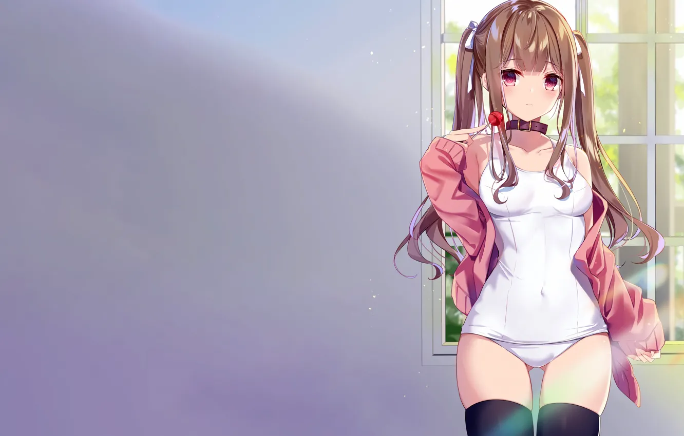 Photo wallpaper girl, sexy, cleavage, thighhighs, long hair, brown hair, boobs, anime