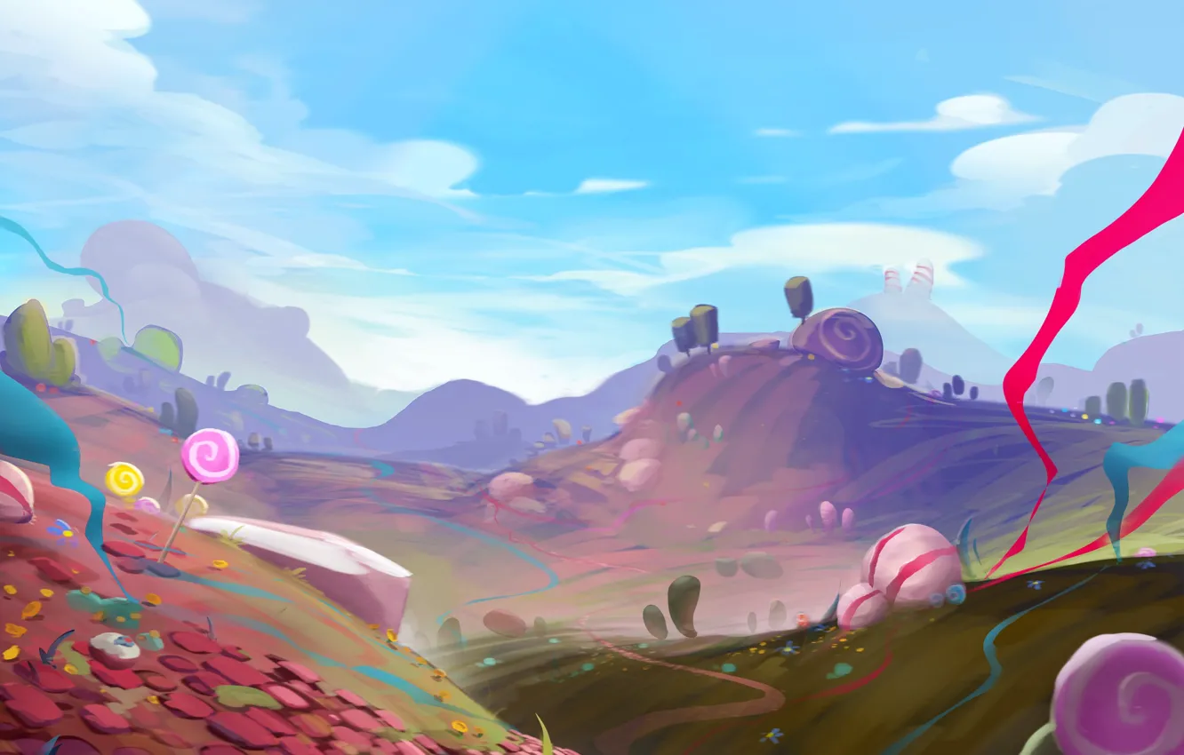 Photo wallpaper hills, art, track, lollipops, painted landscape