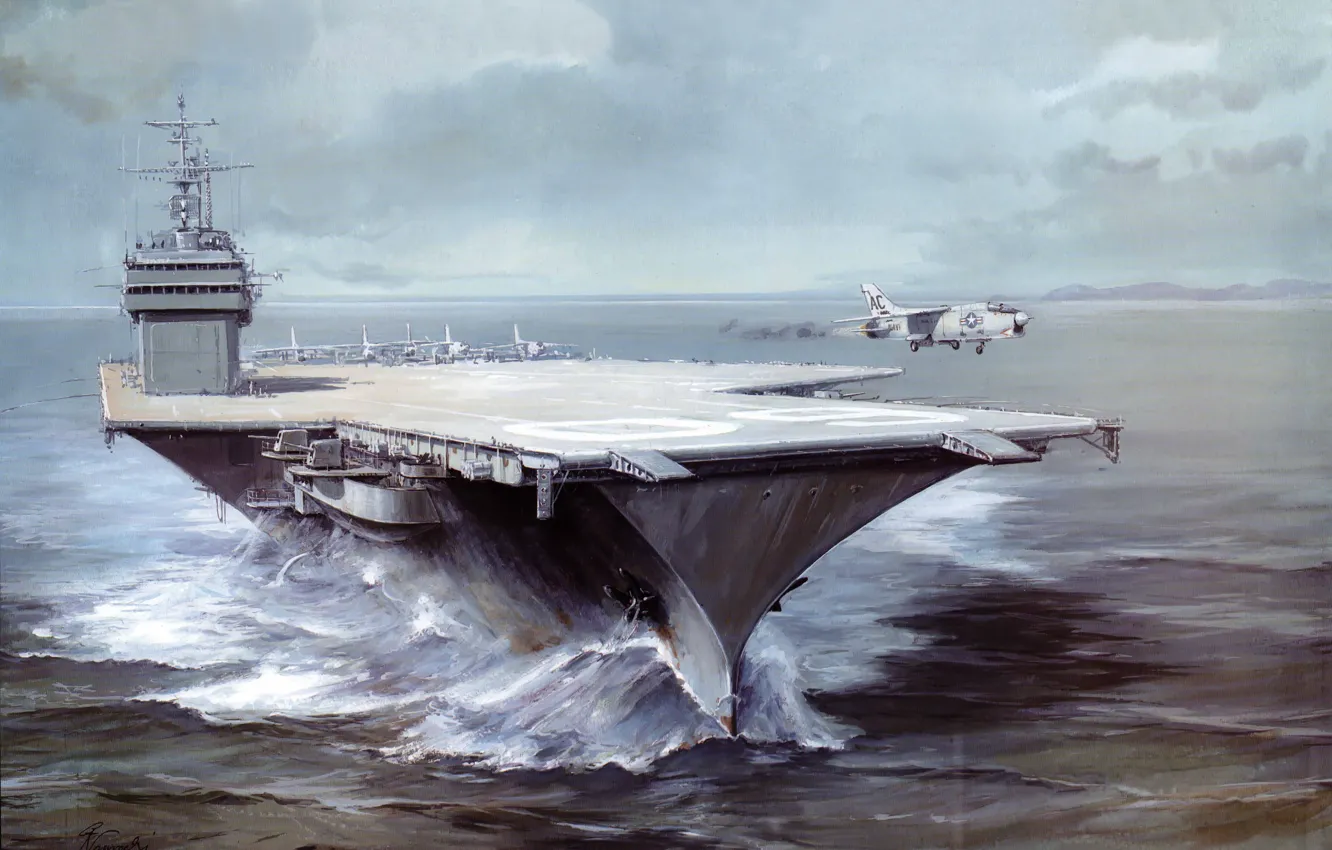 Photo wallpaper sea, wave, water, figure, art, the rise, aircraft, USS