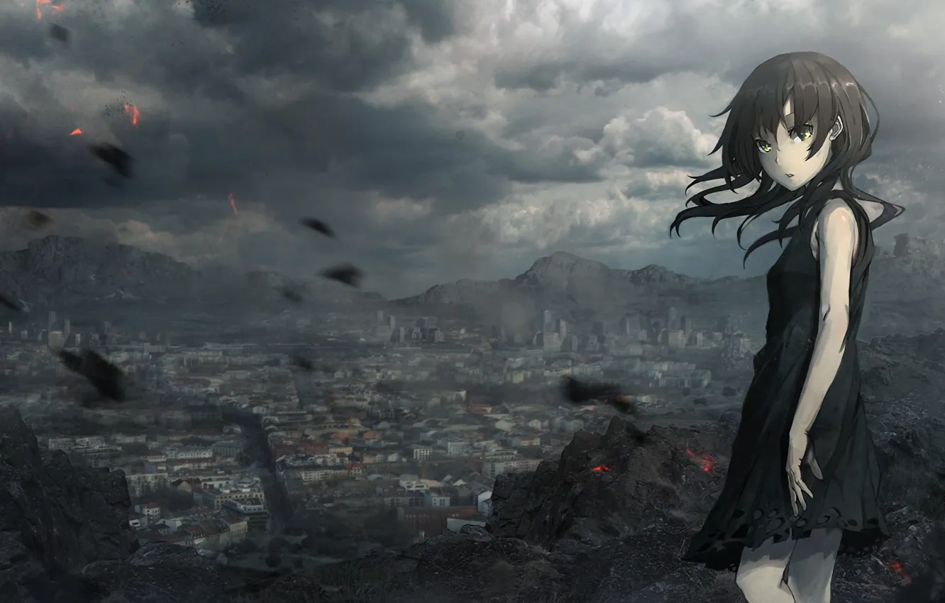 Photo wallpaper the sky, girl, clouds, mountains, the city, home, anime, art