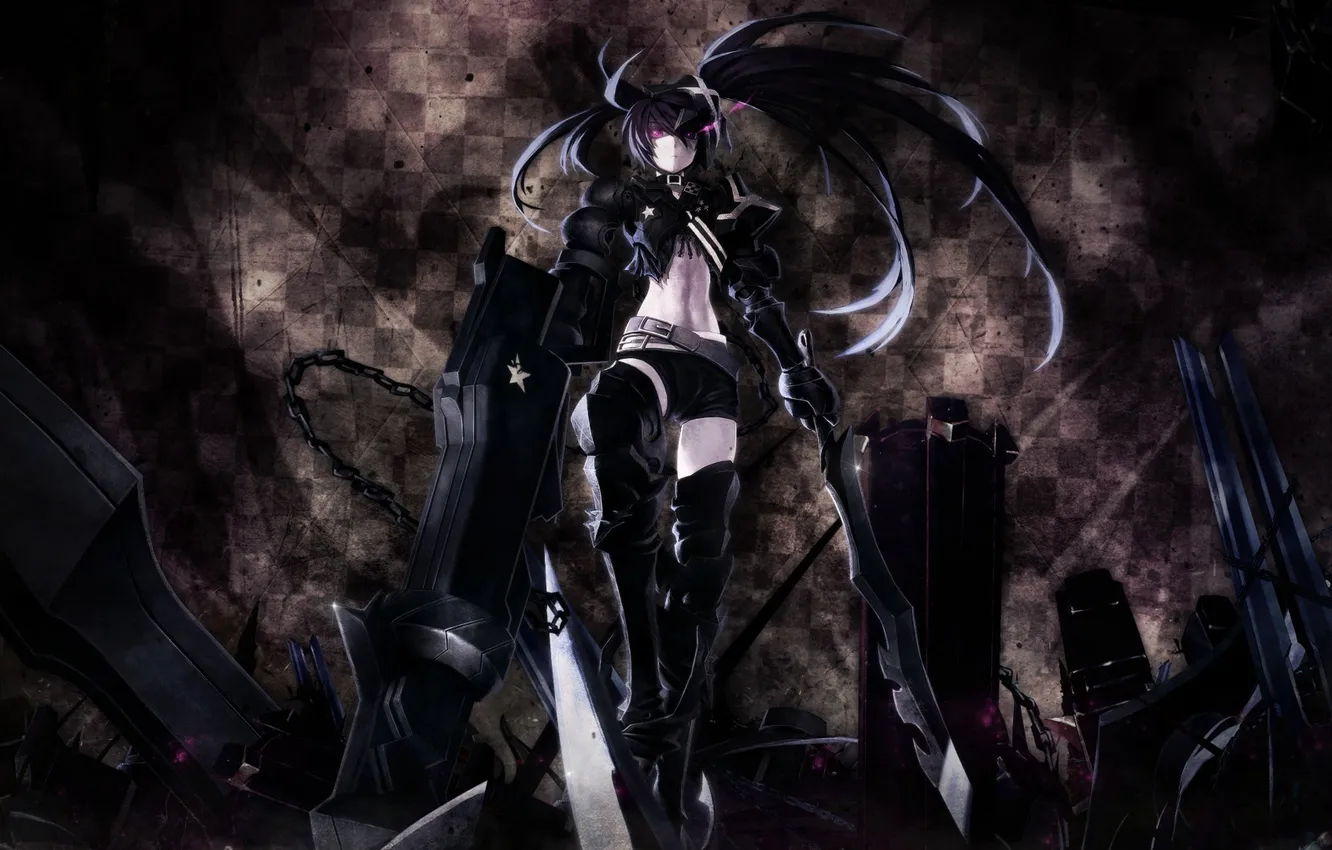 Photo wallpaper girl, stars, weapons, anime, art, chain, gun, black rock shooter