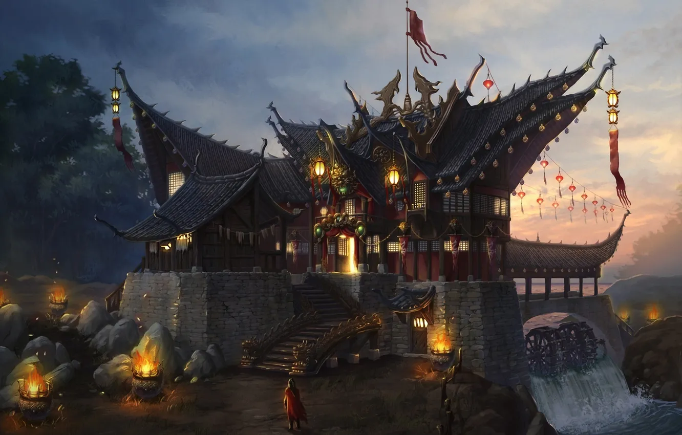 Photo wallpaper lights, river, stones, home, art, flashlight, torch, traveler