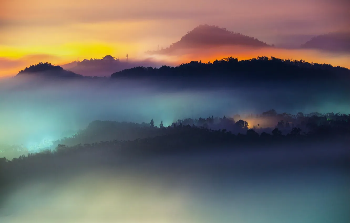 Photo wallpaper forest, clouds, landscape, mountains, fog, dawn