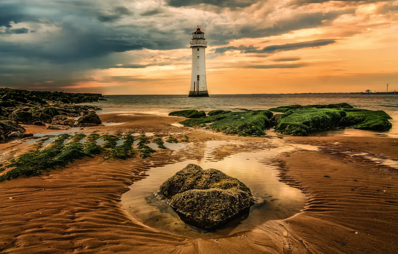 Photo wallpaper sea, the sky, clouds, algae, stones, rocks, shore, lighthouse