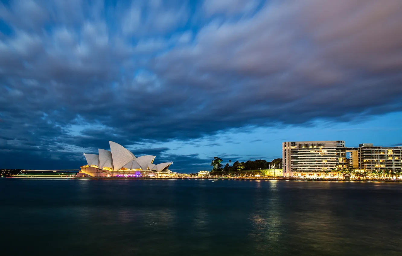 Photo wallpaper the sky, clouds, lights, the evening, Australia, theatre, Sydney, Opera
