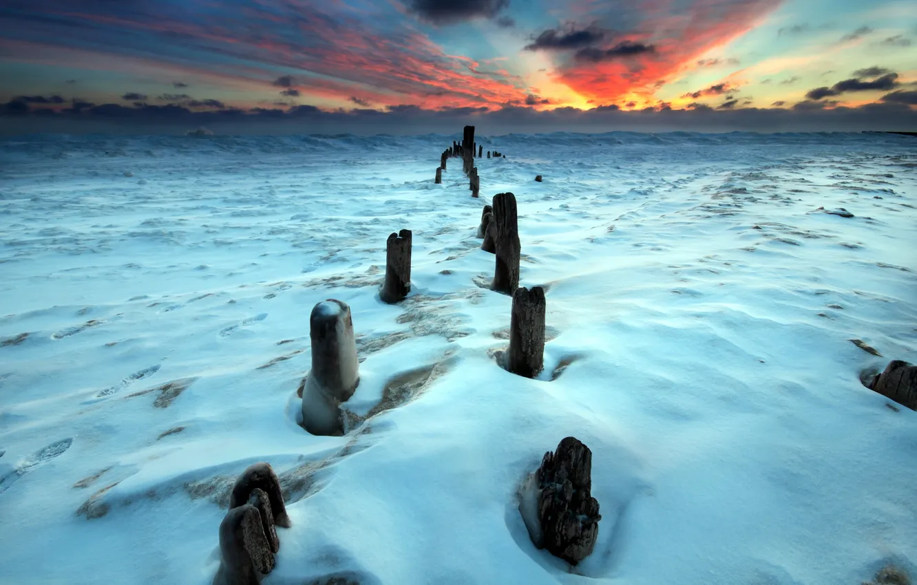 Photo wallpaper winter, field, sunset