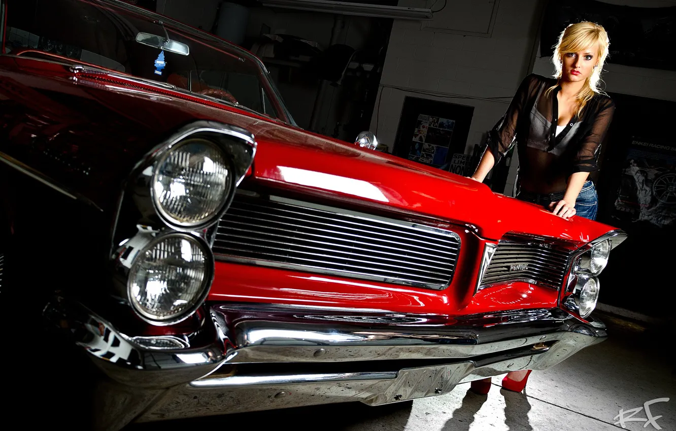 Photo wallpaper girl, Pontiac, beautiful blonde, red car, posing on the car