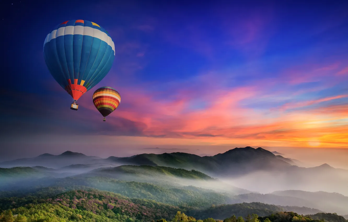 Photo wallpaper forest, mountains, fog, balloons, dawn, morning
