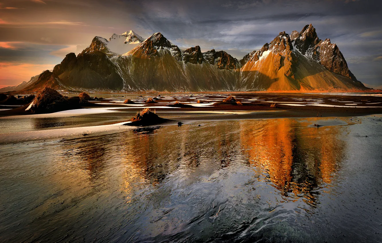 Photo wallpaper sunset, mountains, nature, lake, reflection