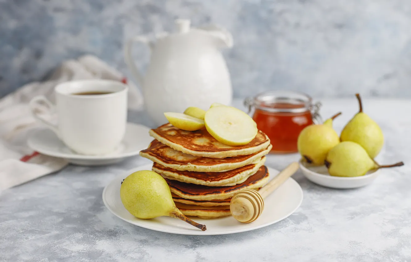 Photo wallpaper Breakfast, kettle, Cup, pear, honey, pear, pancakes