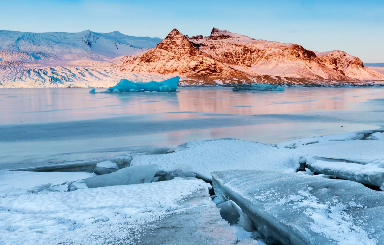 Photo wallpaper ice, winter, the sky, the sun, snow, mountains, river, Iceland