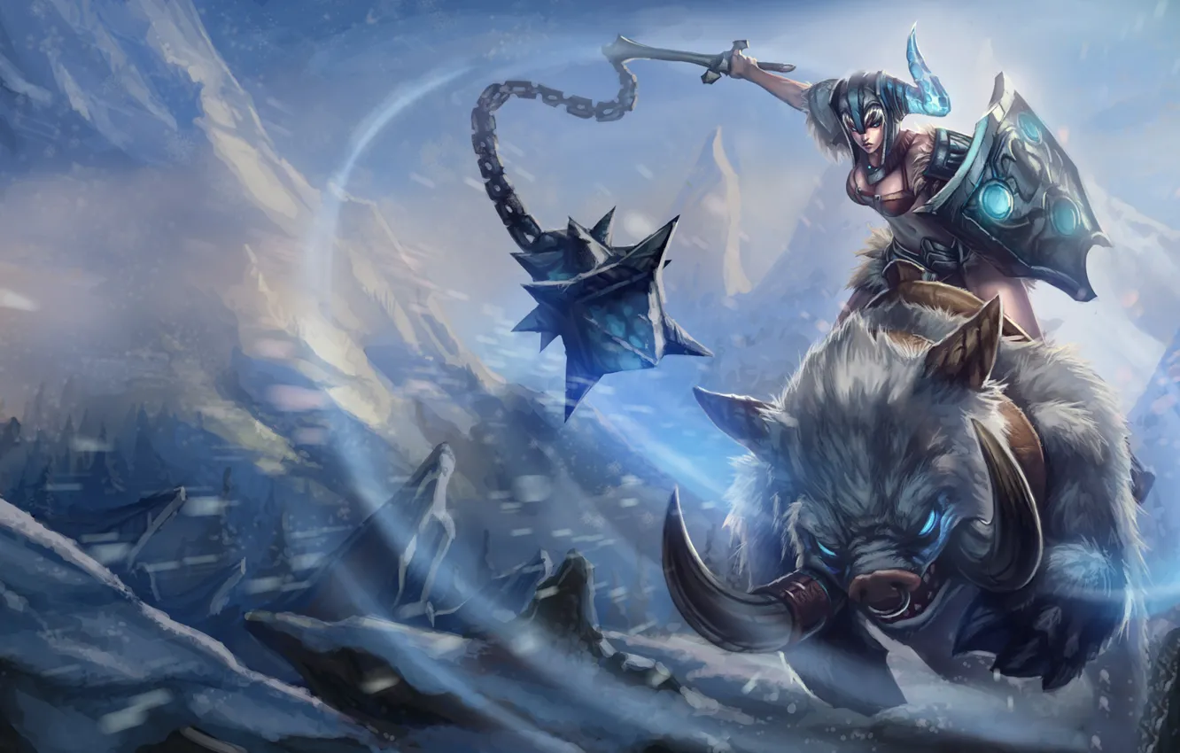 Photo wallpaper girl, snow, art, shield, boar, League of Legends, knock sausage, Sejuani