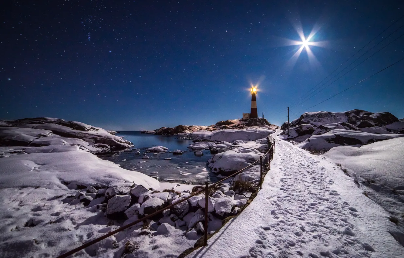 Photo wallpaper winter, moonlight, lighthouse